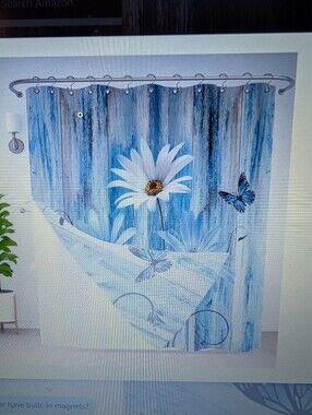 Blue Daisy & Butterfly Waterproof Shower Curtain by